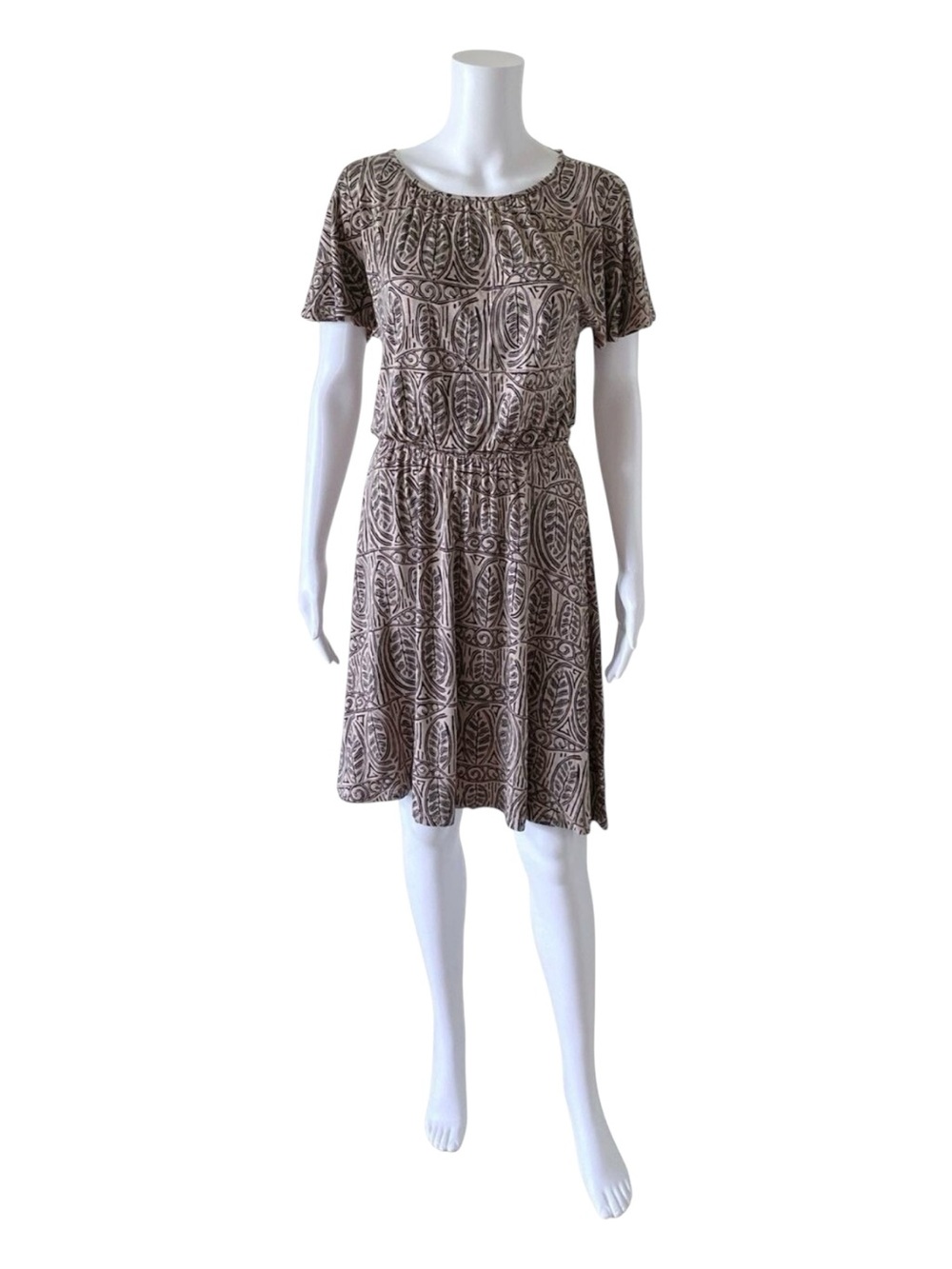 Ann Taylor Loft Dress Womens XS Brown Boho Print Short Sleeve Elastic Waist